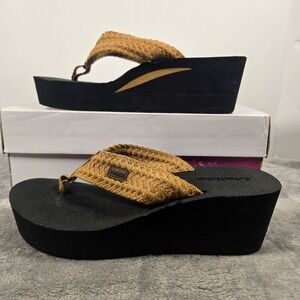 Malida Womens Platform Wedge Flip Flops Brown Woven Thong Sandals Size 8.5 Black